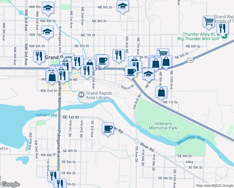 map of restaurants, bars, coffee shops, grocery stores, and more near 515 Canal Street in Grand Rapids