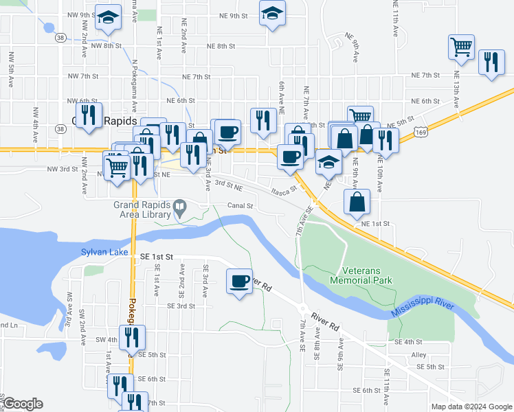 map of restaurants, bars, coffee shops, grocery stores, and more near 112 Northeast 5th Avenue in Grand Rapids