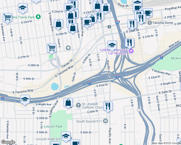map of restaurants, bars, coffee shops, grocery stores, and more near 404 S 30th St in Tacoma