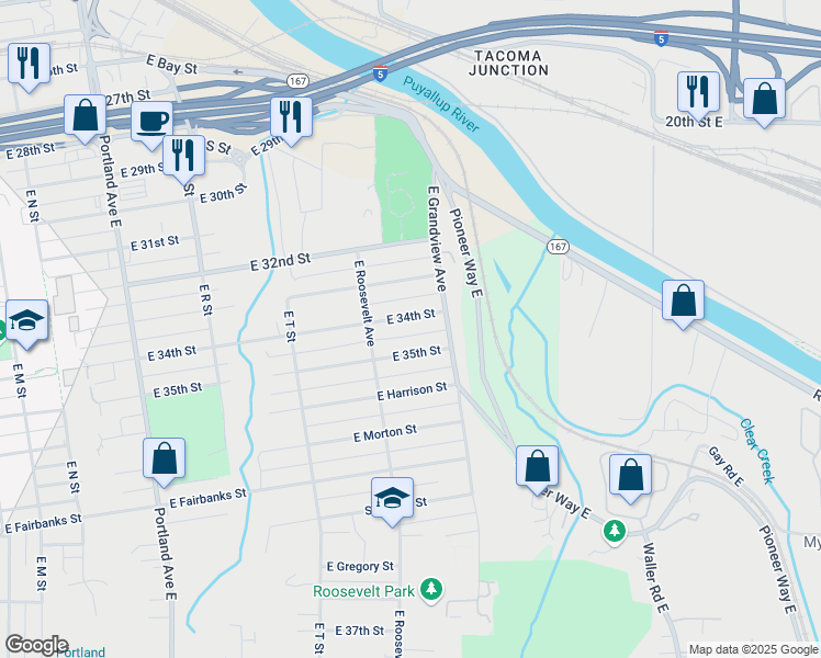 map of restaurants, bars, coffee shops, grocery stores, and more near 2228 East 34th Street in Tacoma