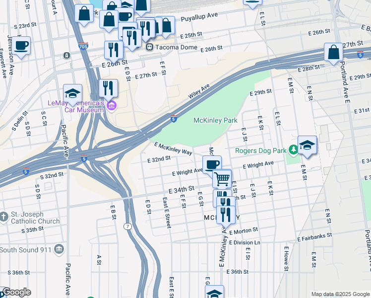 map of restaurants, bars, coffee shops, grocery stores, and more near 620 Upper Park Street in Tacoma