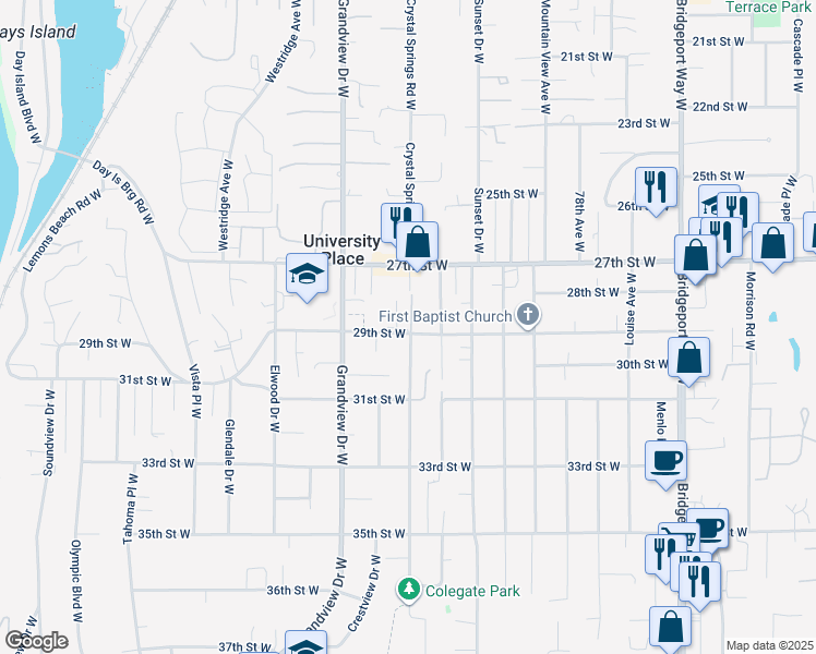 map of restaurants, bars, coffee shops, grocery stores, and more near 8313 29th Street West in University Place