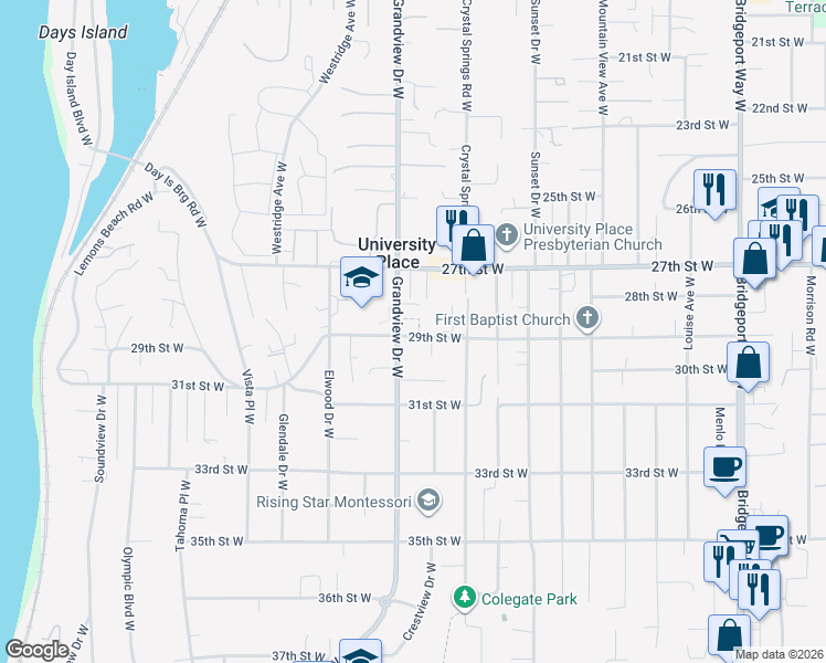 map of restaurants, bars, coffee shops, grocery stores, and more near 2833 Grandview Drive West in University Place
