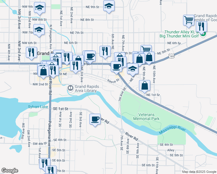 map of restaurants, bars, coffee shops, grocery stores, and more near 515 Canal Street in Grand Rapids