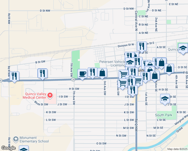 map of restaurants, bars, coffee shops, grocery stores, and more near 415 F Street Southwest in Quincy