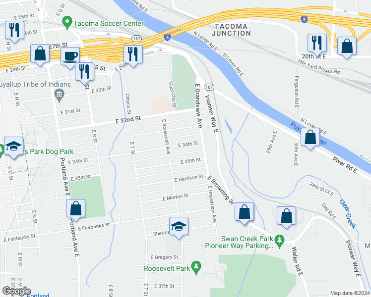 map of restaurants, bars, coffee shops, grocery stores, and more near 2228 East 34th Street in Tacoma