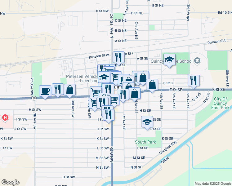 map of restaurants, bars, coffee shops, grocery stores, and more near 500 Central Ave S in Quincy