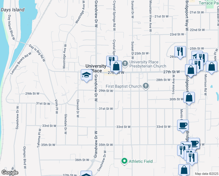 map of restaurants, bars, coffee shops, grocery stores, and more near 8313 29th Street West in University Place