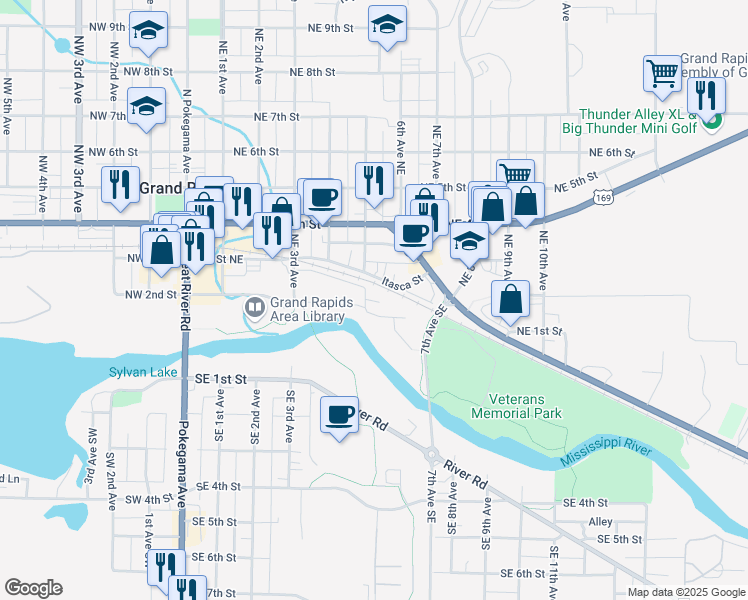 map of restaurants, bars, coffee shops, grocery stores, and more near 515 Canal Street in Grand Rapids