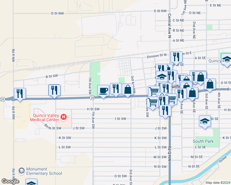 map of restaurants, bars, coffee shops, grocery stores, and more near 415 F Street Southwest in Quincy