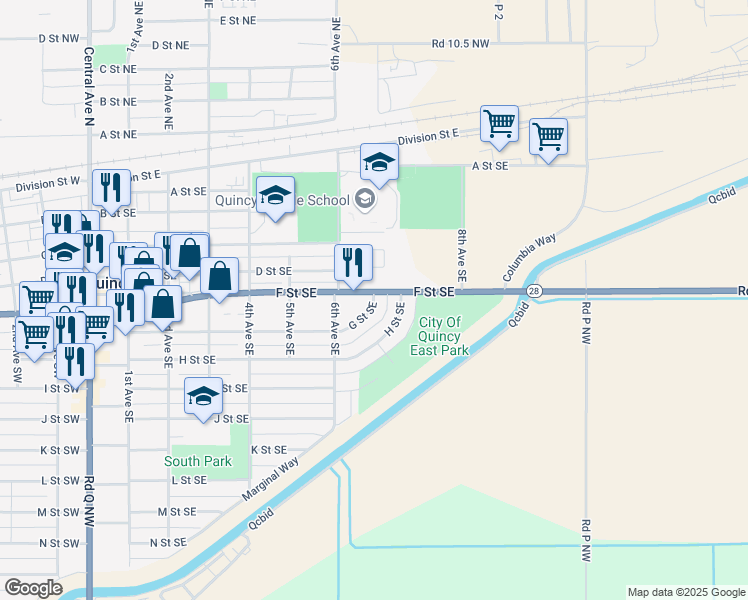 map of restaurants, bars, coffee shops, grocery stores, and more near 628 G Street Southeast in Quincy