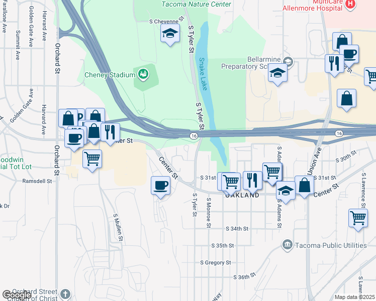 map of restaurants, bars, coffee shops, grocery stores, and more near 4215 South 30th Street in Tacoma