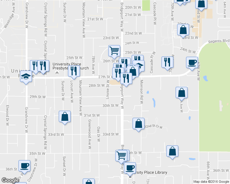 map of restaurants, bars, coffee shops, grocery stores, and more near 7515 29th Street West in University Place