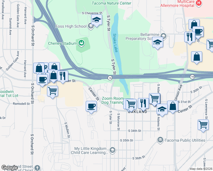 map of restaurants, bars, coffee shops, grocery stores, and more near 4209 South 30th Street in Tacoma