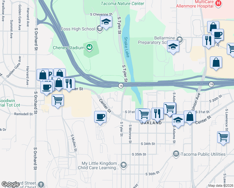 map of restaurants, bars, coffee shops, grocery stores, and more near 4209 South 30th Street in Tacoma