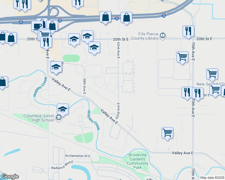map of restaurants, bars, coffee shops, grocery stores, and more near 2608 62nd Avenue East in Fife