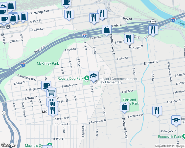 map of restaurants, bars, coffee shops, grocery stores, and more near 1301 East 34th Street in Tacoma
