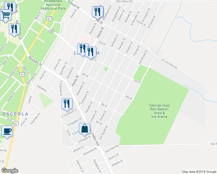 map of restaurants, bars, coffee shops, grocery stores, and more near 399 Iroquois Street in Calumet Township