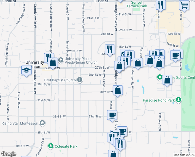 map of restaurants, bars, coffee shops, grocery stores, and more near 7605 29th Street West in University Place