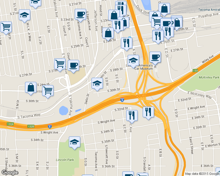 map of restaurants, bars, coffee shops, grocery stores, and more near 404 South 30th Street in Tacoma