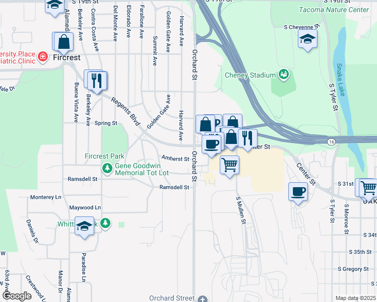 map of restaurants, bars, coffee shops, grocery stores, and more near 102 Amherst Street in Fircrest