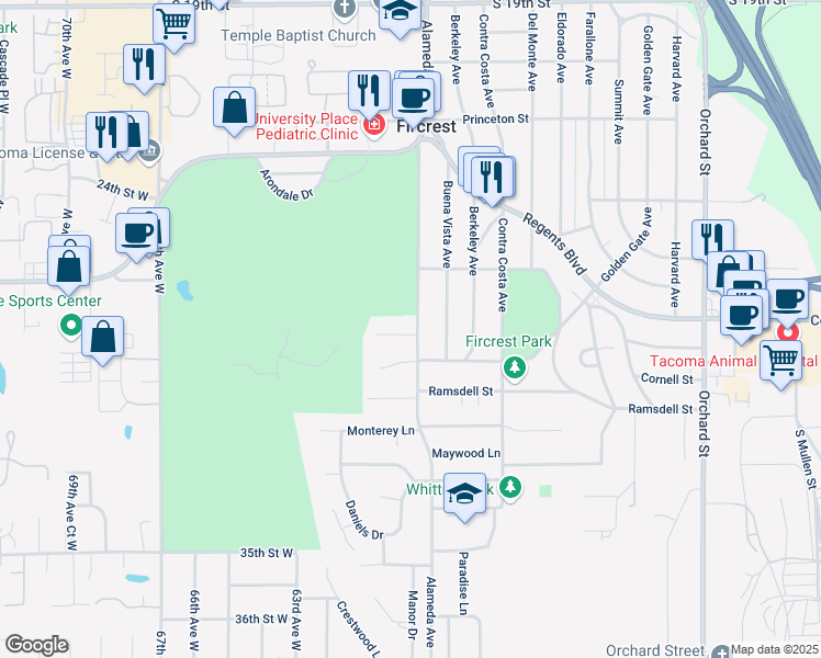 map of restaurants, bars, coffee shops, grocery stores, and more near 1001 Fairway Drive in Fircrest