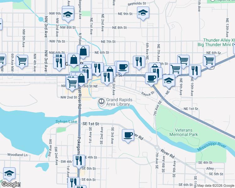 map of restaurants, bars, coffee shops, grocery stores, and more near 212 Northeast 3rd Avenue in Grand Rapids