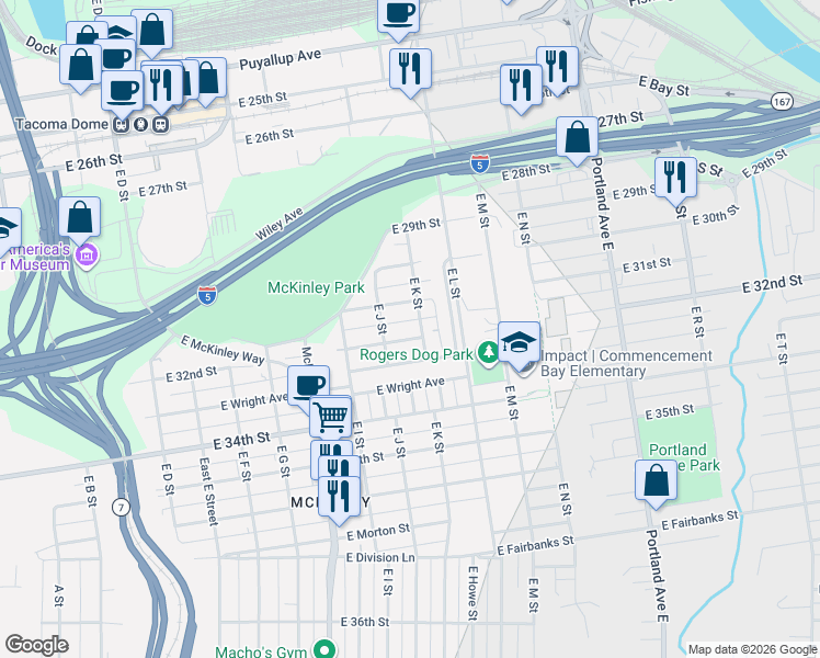 map of restaurants, bars, coffee shops, grocery stores, and more near 1009 East Mckinley Road in Tacoma