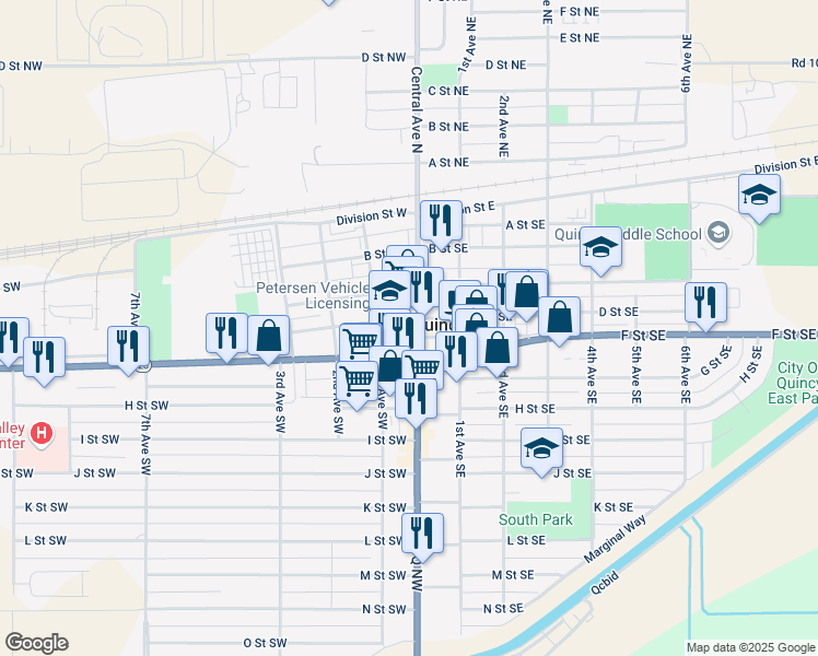 map of restaurants, bars, coffee shops, grocery stores, and more near 500 Central Avenue South in Quincy