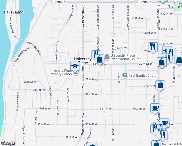 map of restaurants, bars, coffee shops, grocery stores, and more near 8313 29th Street West in University Place