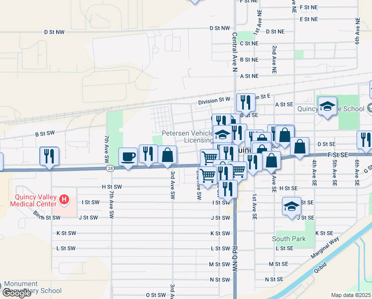 map of restaurants, bars, coffee shops, grocery stores, and more near 205 D Street Southwest in Quincy