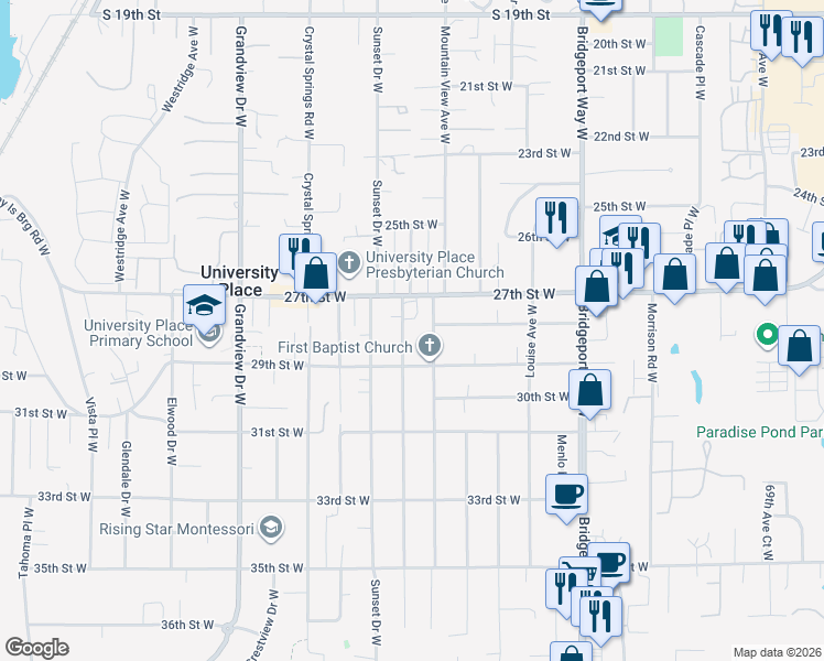 map of restaurants, bars, coffee shops, grocery stores, and more near 2708 Locust Avenue West in University Place