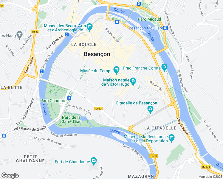 map of restaurants, bars, coffee shops, grocery stores, and more near 49 Rue Megevand in Besançon