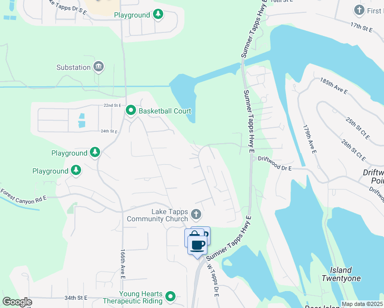 map of restaurants, bars, coffee shops, grocery stores, and more near 2522 171st Ave E in Pierce