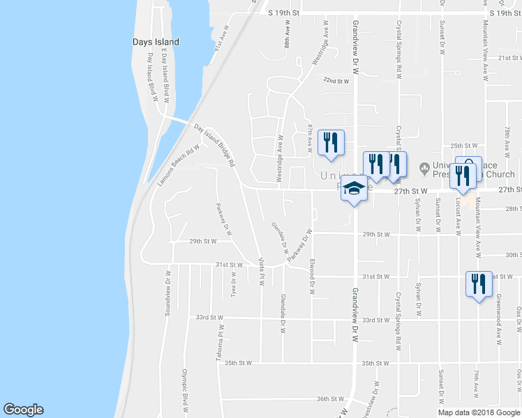 map of restaurants, bars, coffee shops, grocery stores, and more near 2921 Glendale Court West in University Place