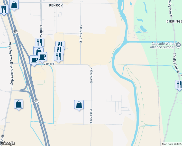 map of restaurants, bars, coffee shops, grocery stores, and more near 2500 142nd Avenue East in Sumner