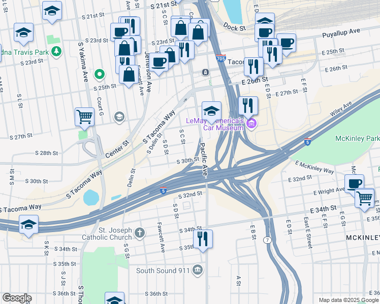 map of restaurants, bars, coffee shops, grocery stores, and more near 2817 South C Street in Tacoma