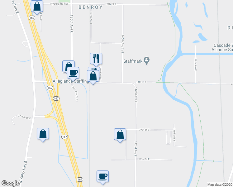 map of restaurants, bars, coffee shops, grocery stores, and more near 14000 24th Street East in Sumner