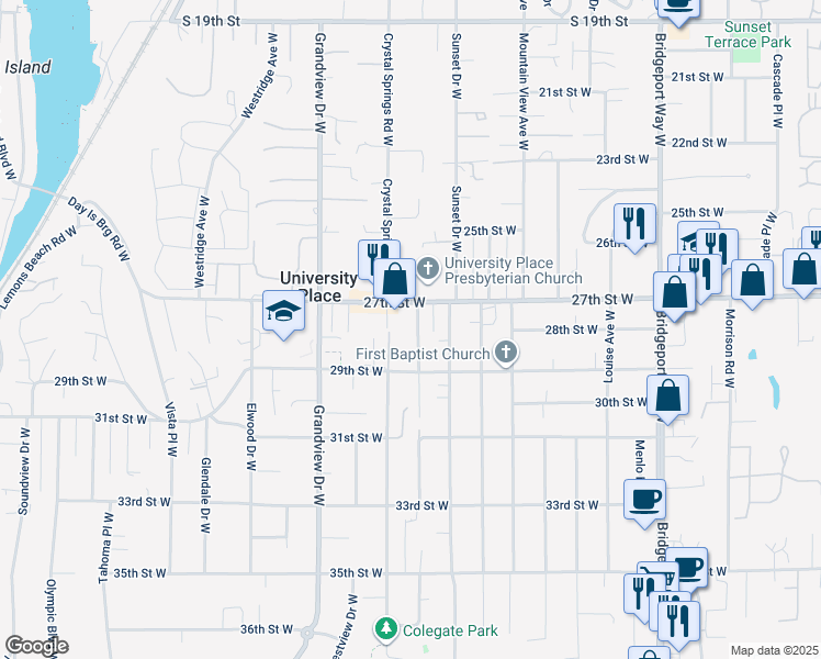 map of restaurants, bars, coffee shops, grocery stores, and more near 2716 Sylvan Drive West in University Place