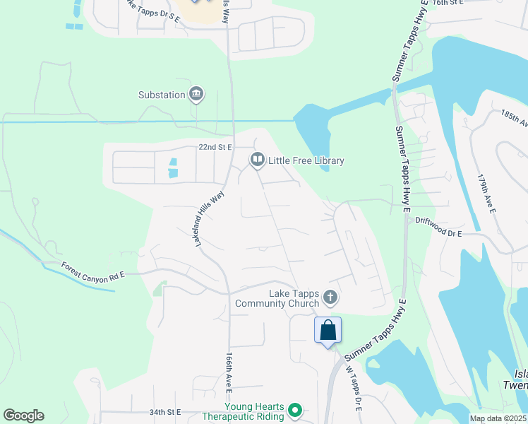 map of restaurants, bars, coffee shops, grocery stores, and more near 2410 169th Avenue East in Lake Tapps