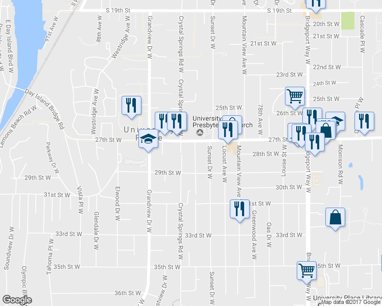 map of restaurants, bars, coffee shops, grocery stores, and more near 2716 Sylvan Drive West in University Place