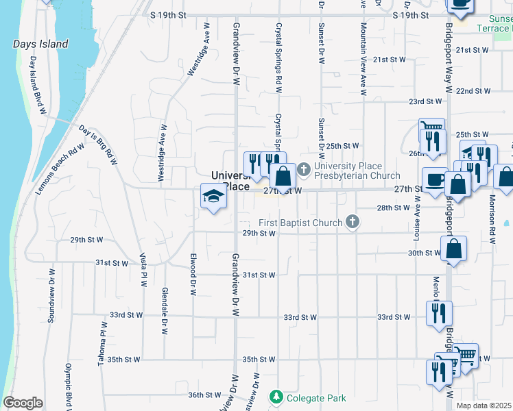 map of restaurants, bars, coffee shops, grocery stores, and more near 8312 27th Street West in University Place
