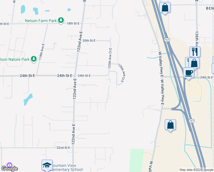 map of restaurants, bars, coffee shops, grocery stores, and more near 2506 125th Avenue Court East in Edgewood
