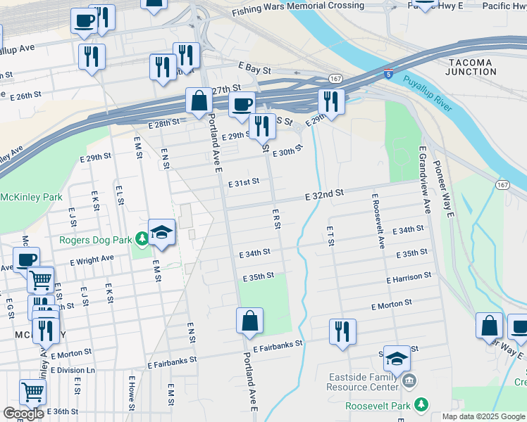 map of restaurants, bars, coffee shops, grocery stores, and more near 1643 East 32nd Street in Tacoma