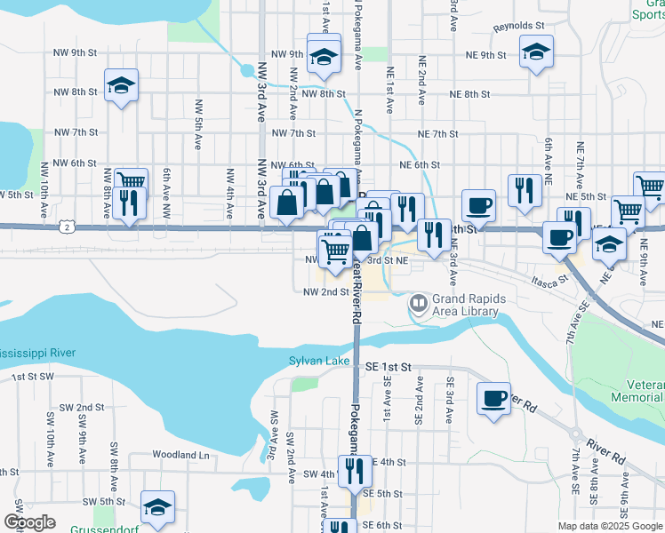 map of restaurants, bars, coffee shops, grocery stores, and more near 220 Northwest 1st Avenue in Grand Rapids