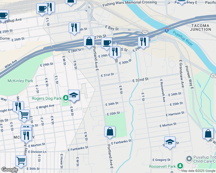 map of restaurants, bars, coffee shops, grocery stores, and more near 1607 East 32nd Street in Tacoma