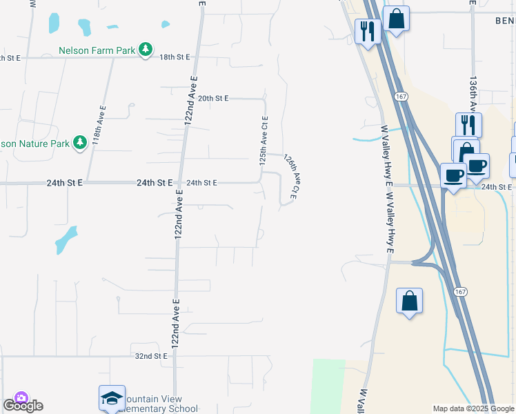 map of restaurants, bars, coffee shops, grocery stores, and more near 2506 125th Avenue Court East in Edgewood