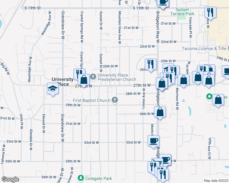 map of restaurants, bars, coffee shops, grocery stores, and more near 7902 27th Street West in University Place