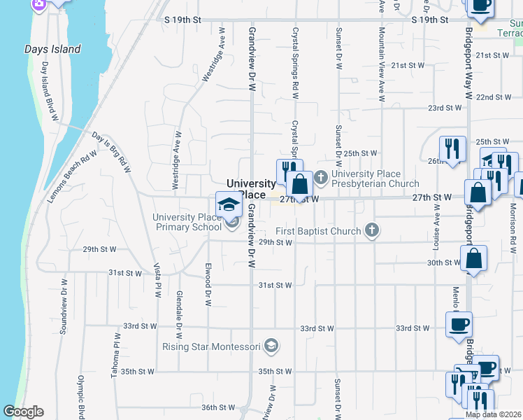 map of restaurants, bars, coffee shops, grocery stores, and more near 2709 84th Avenue Court West in University Place