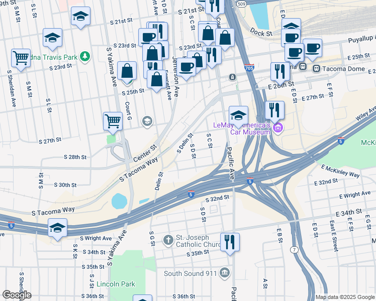 map of restaurants, bars, coffee shops, grocery stores, and more near 2821 South D Street in Tacoma